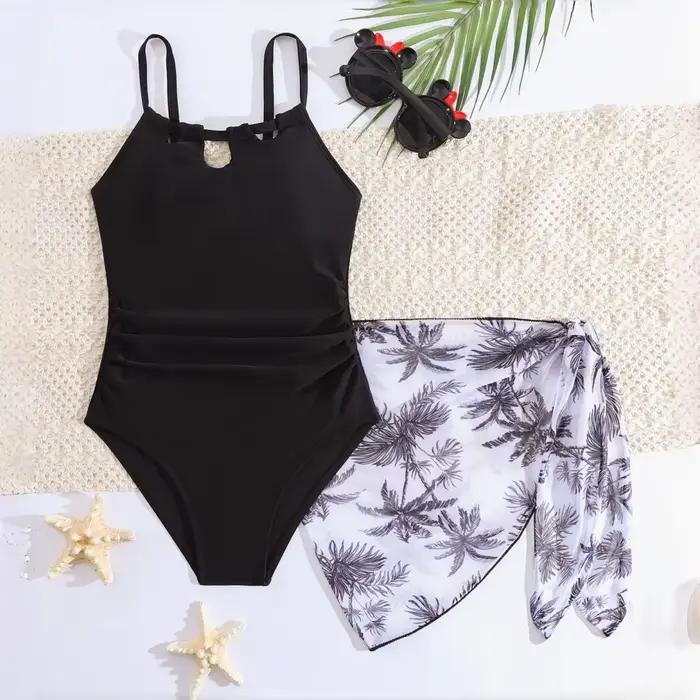 Maillot de bain une pièce pour filles, couleur vert et noir, avec jupe en mousseline, pour les vacan