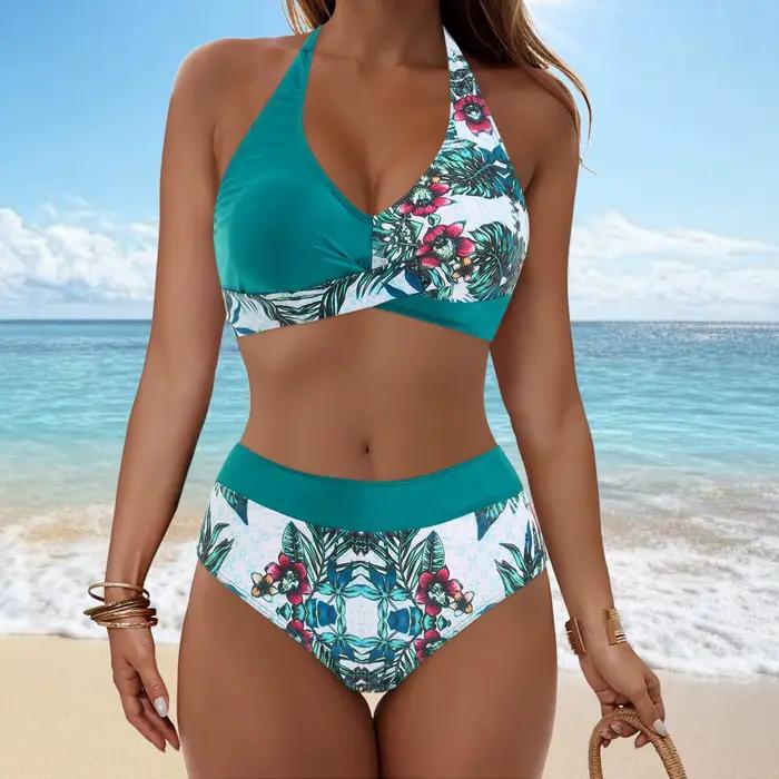 Maillot de bain d'été femmes licou ensemble Bikini taille haute maillots de bain Push Up Bikinis dos