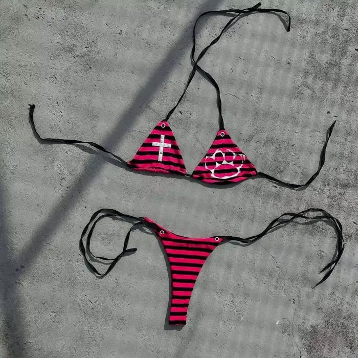 Maillot de bain bikini imprimé patte de chat, haut à bretelles, style E-Girl, avec croix en strass, 