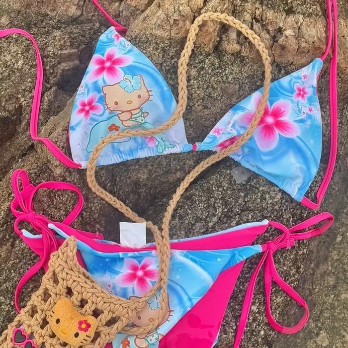 Maillot de bain Hello Kitty mignon, bikini sexy Y2K pour femme, maillot de bain à bretelles fendues,