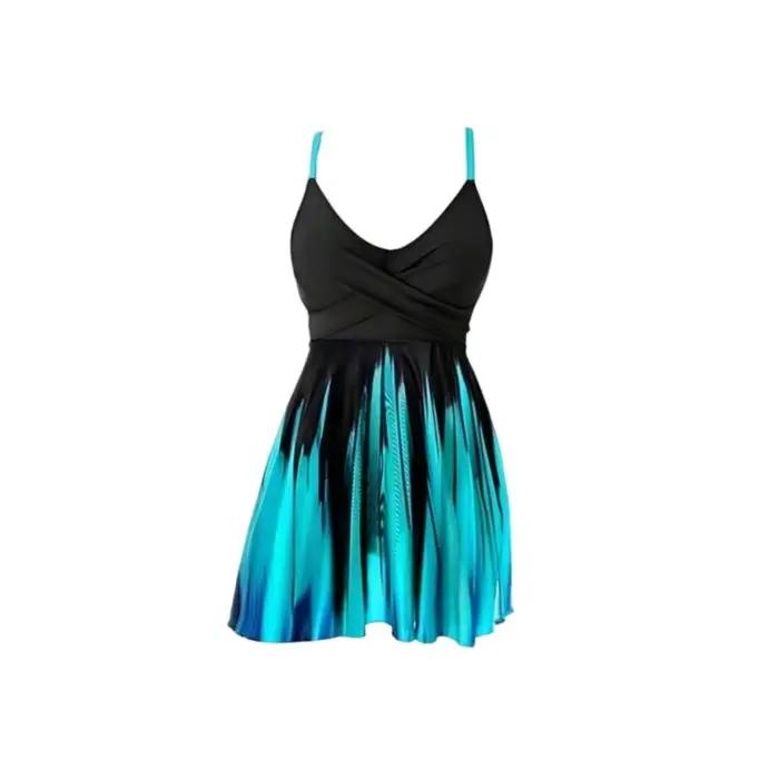 Maillot de bain une pièce amincissant noir dégradé turquoise 2373 pour femme, col en V, idéal pour l
