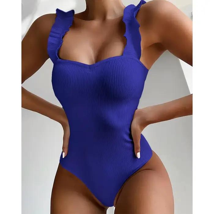 Maillot de bain vintage une pièce, sexy, rouge, à volants, push-up, monokini, rembourré, pour femmes
