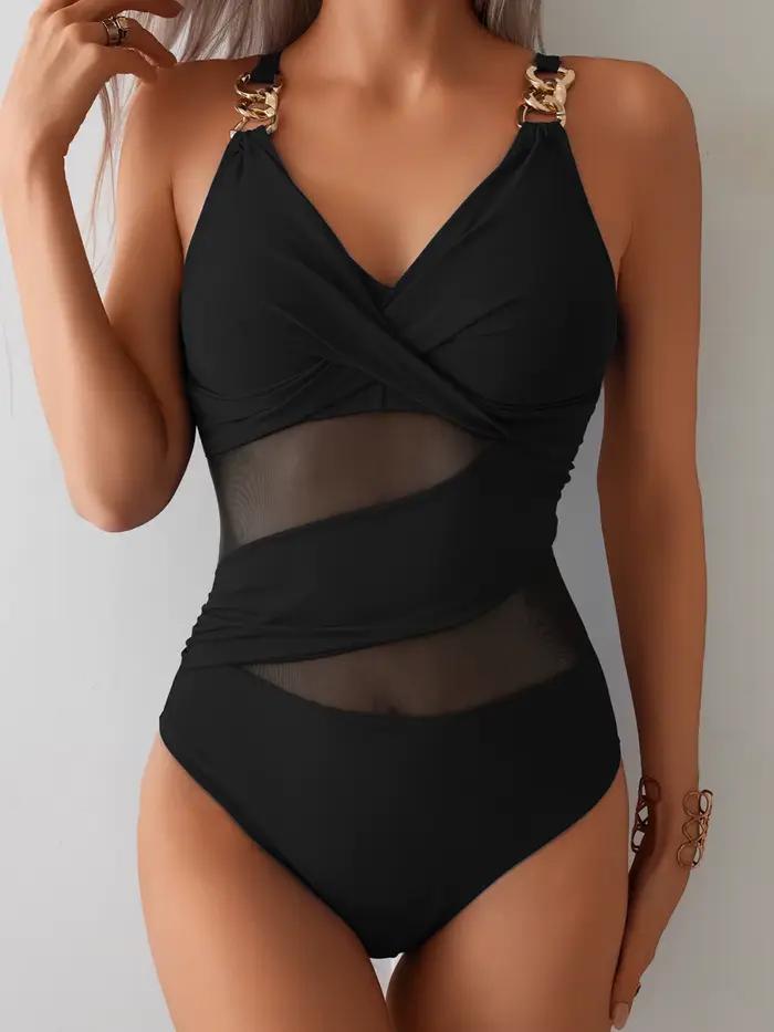 Maillot de bain une pièce avec chaîne pour femmes, Sexy, en maille, Patchwork, col en v, Monokini, v