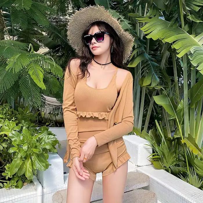Maillot de bain une pièce à manches longues pour femme, mince, couvrant le ventre, conservateur, cou