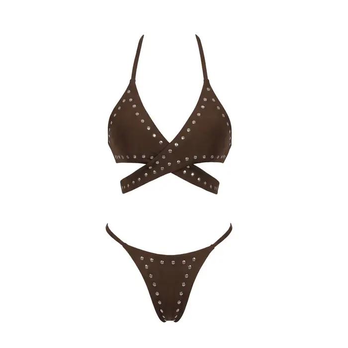Maillot de bain bikini à clous avec jupe, maillot de bain dos nu pour femme, coupe haute, tenue de p