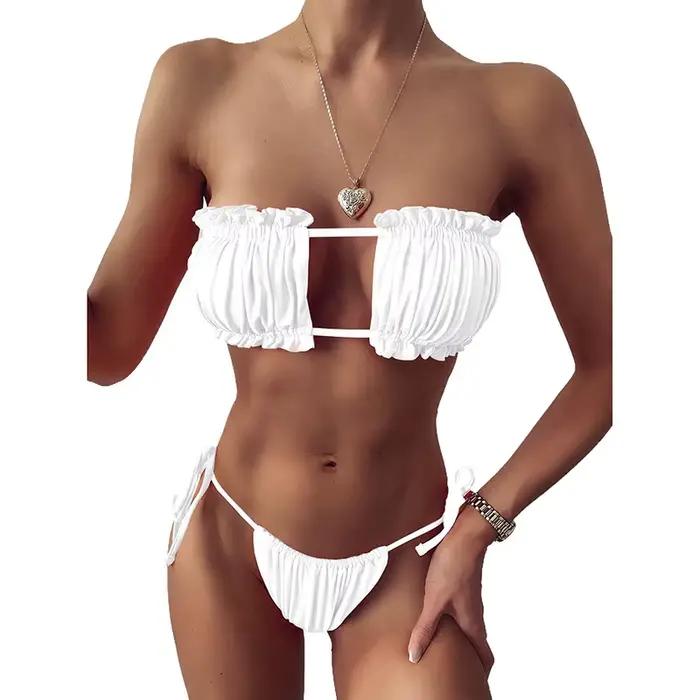 Maillot de bain Bandeau plissé, couleur solide, Sexy, culotte tanga, taille basse, ensemble deux piè