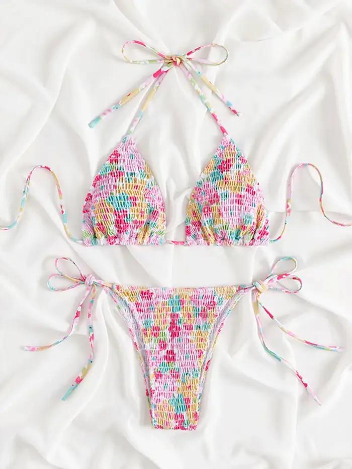Yiiciovy – maillot de bain pour femmes, ensemble Bikini, Sexy, froncé, imprimé Floral, sans manches,