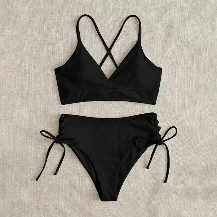 Ensemble Bikini taille haute pour femmes, maillot de bain deux pièces, contrôle du ventre, col en V,