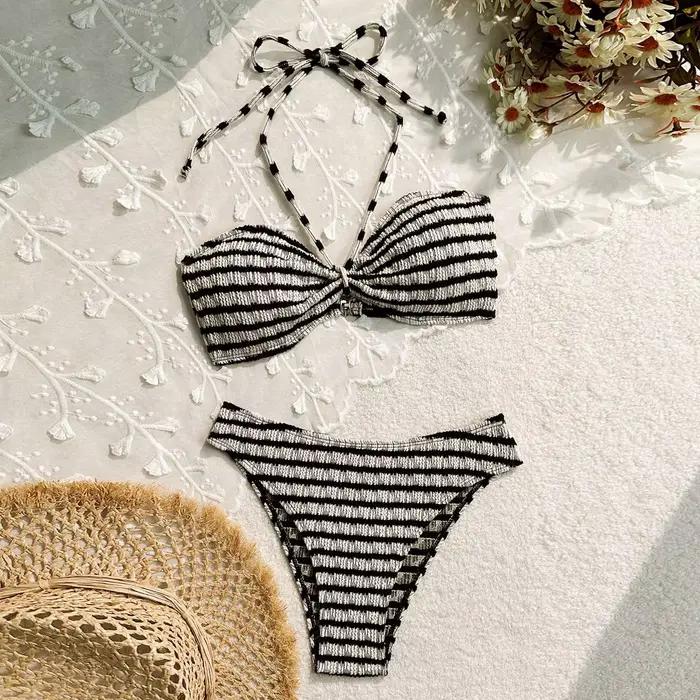 Maillot de bain bikini deux pièces à rayures pour femme, idéal pour les vacances à la plage, avec ba