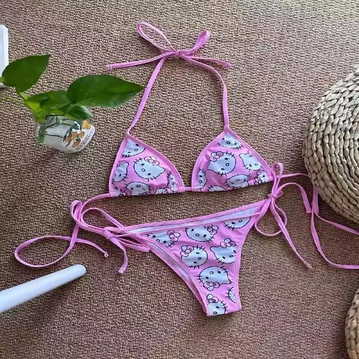 Ensemble de bikini Hello Kitty, vêtements de plage d'été, maillot de bain deux pièces mignon et conf
