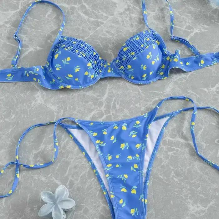 Maillot de bain bikini slim imprimé sexy pour femmes à petite poitrine, avec effet push-up, style tr