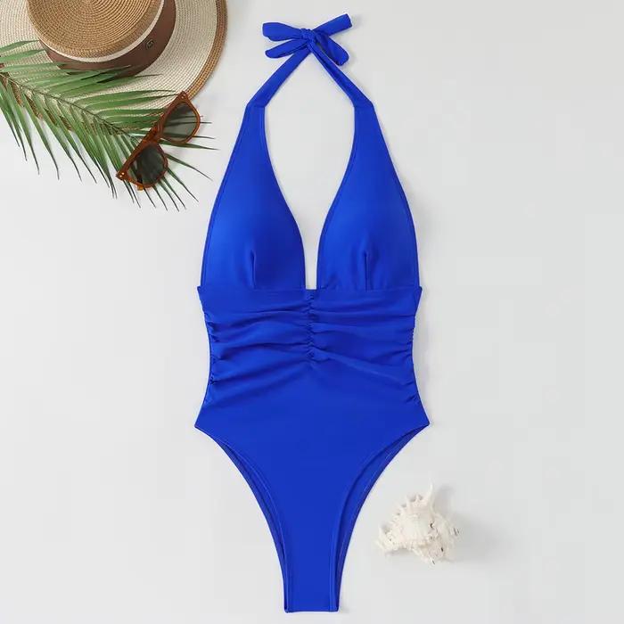 Nouveau Maillot de Bain Une Pièce Femme 2026 – Col V Amincissant, Halter, Couleur Unie, Tendance et 