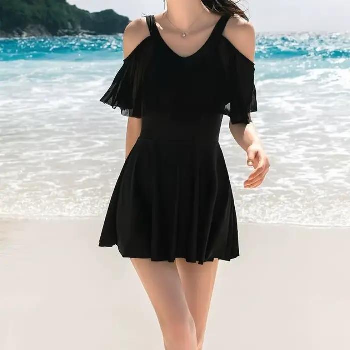 Maillot de bain une pièce à épaules dénudées avec volants et jupe intégrée, effet ventre plat, pour 