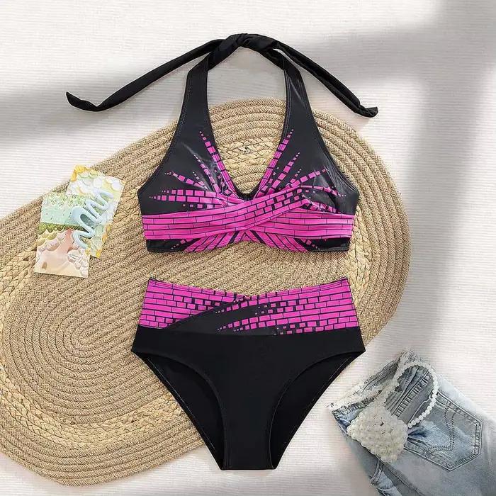 Nouvel ensemble de bikini halter taille haute pour femme, maillot de bain modeste à effet ventre pla