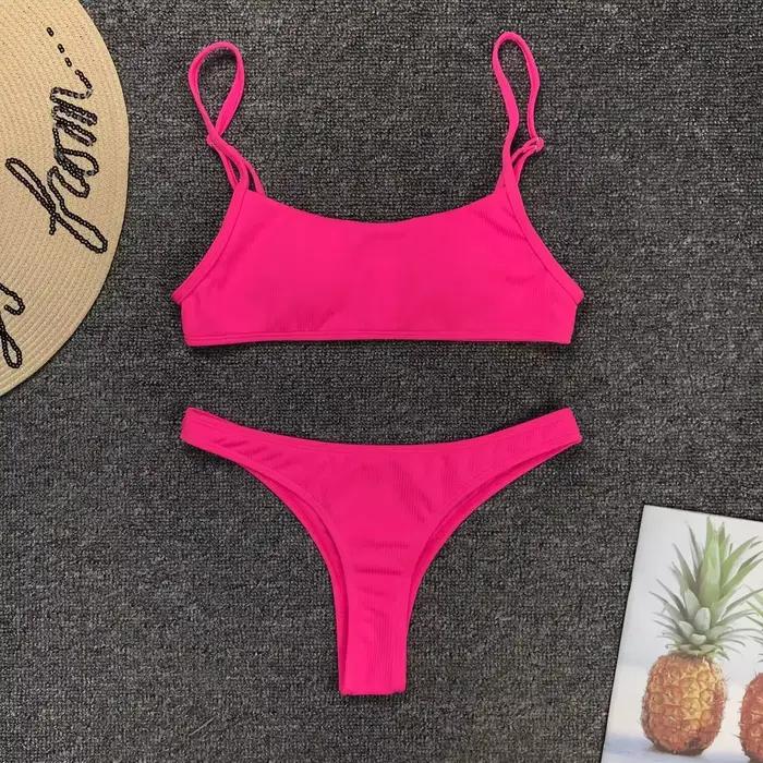 Néon rose vif Micro Bikini Push Up maillot de bain femmes rembourré été plage porter maillot de bain