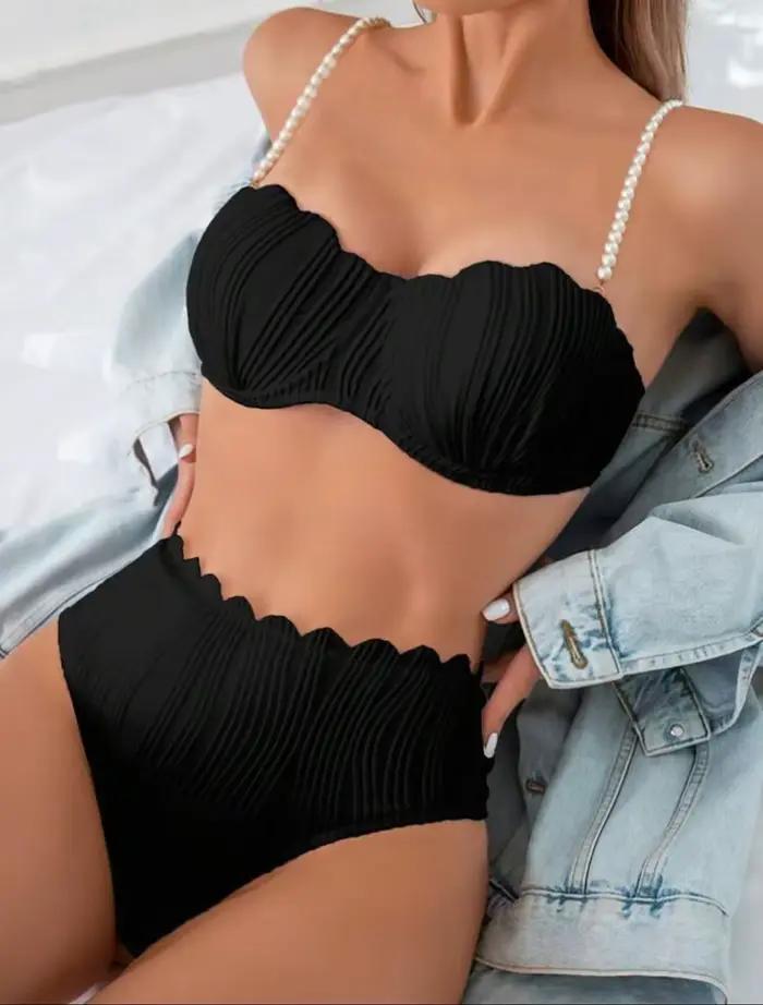 Sexy blanc noir Bikini ensemble 2025 femmes perles sangle volants Push Up taille haute maillot de ba