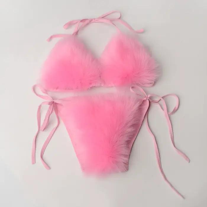 Été femmes fausse fourrure de renard Sexy licou couleur unie Bikini ensemble maillots de bain Triang