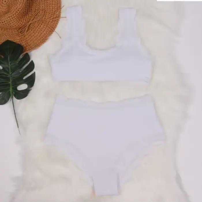 2025 nouvelles femmes maillot de bain festonné taille haute Bikini ensemble solide deux pièces grand