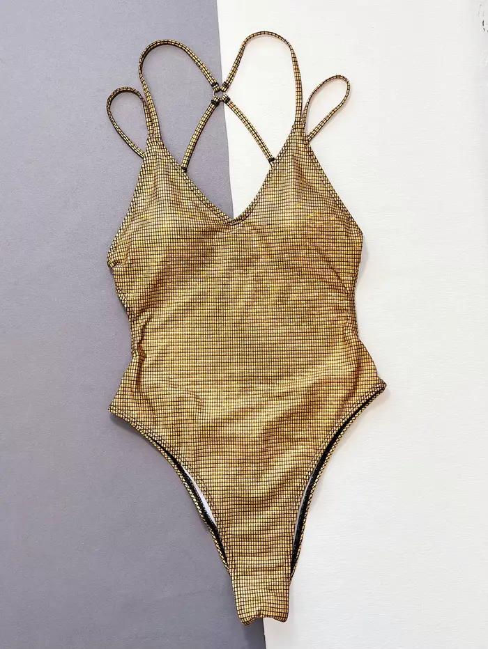 Sexy paillettes or seuqine maillot de bain une pièce dos bandage maillot de bain maillots de bain fe