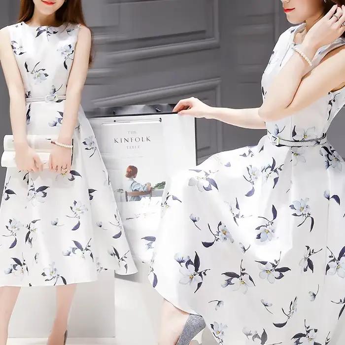 Robe trapèze amincissante pour femmes, longueur moyenne, sans manches, imprimée, ajustée à la taille