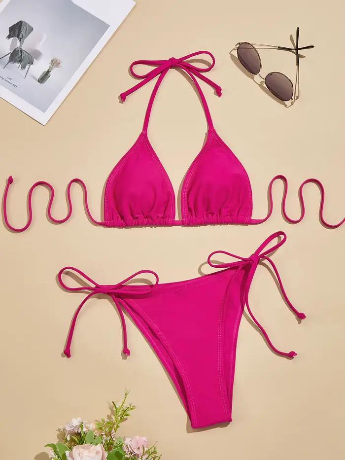 Ensemble bikini 2 pièces pour femme, design dos nu sans bretelles, maillot de bain rouge sexy couleu