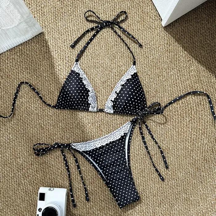 Maillot de bain bikini femme 2026 mignon et sexy avec bretelles à nouer, effet push-up pour petite p
