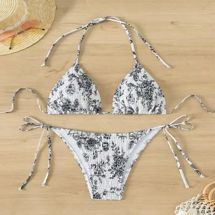 Sexy Floral Bikini 2 pièces ensemble femmes mode à lacets maillot de bain fendu dos nu plage Bikinis