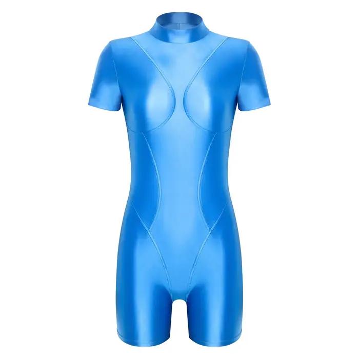 Maillot de bain une pièce brillant pour femme, col montant, manches courtes, dos nu, coupe ajustée, 