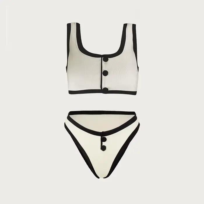 Maillot de bain bikini femme noir et blanc, style simple et tendance, coupe ajustée sexy, en tissu n