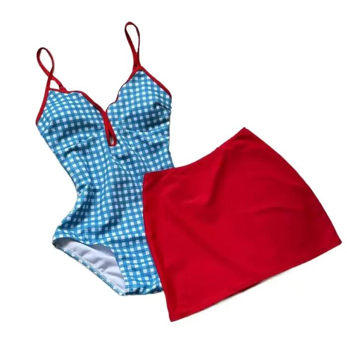 Maillot de bain à carreaux au design amincissant, avec bord festonné, dos nu et jupe, bleu, style co