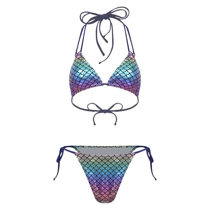 Maillot de bain bikini sirène pour femmes, deux pièces, avec soutien-gorge halter et coussinets amov