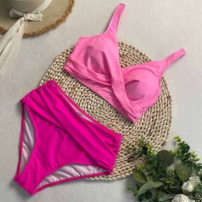 Maillot de bain dames femmes taille haute Bikini ensembles sport deux pièces maillots de bain couleu
