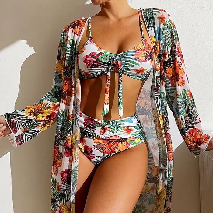 Maillot de bain 3 pièces imprimé Floral, Sexy, taille haute, ensemble deux pièces pour femmes, avec 