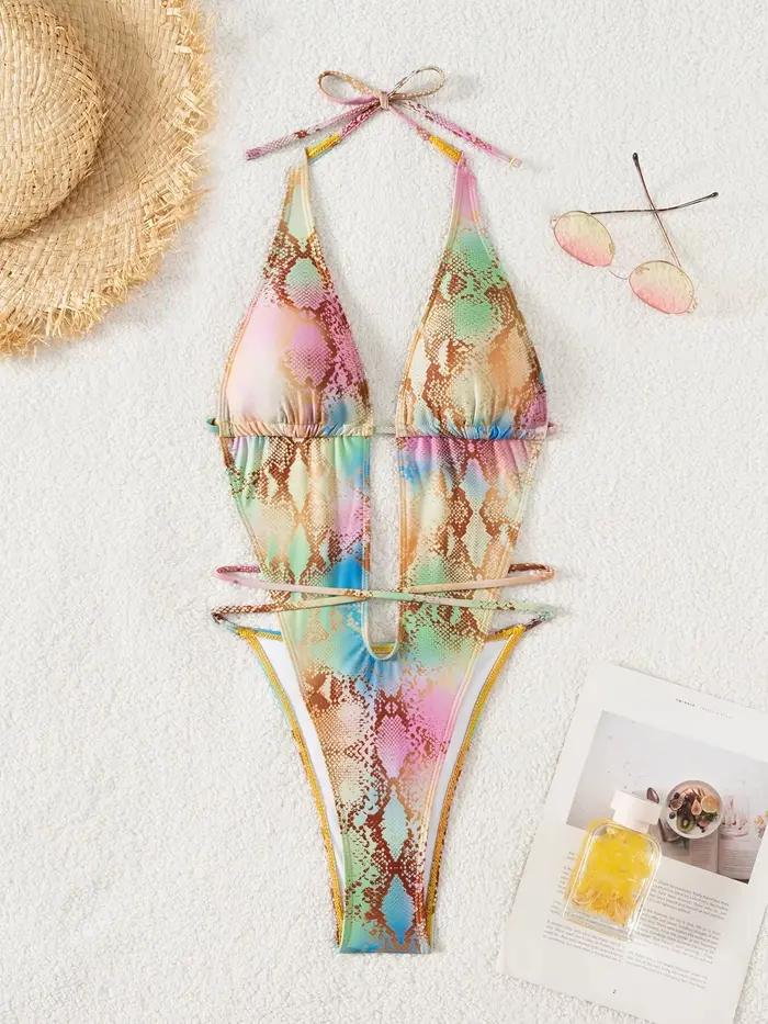 Maillot de bain une pièce sexy vert dégradé effet peau de serpent 2026 pour femme, bikini string dos