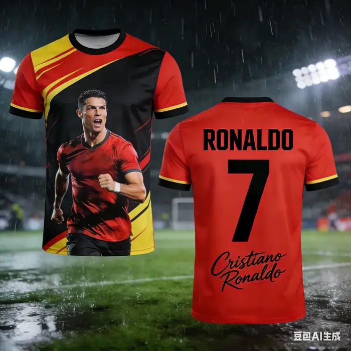 Maillot de football Portugal Ronaldo n°7 noir et or, manches raglan, signature, impression 3D intégr