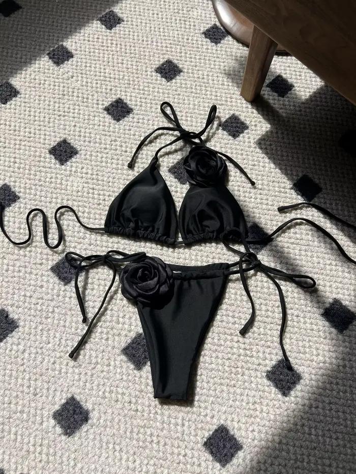 Ensemble de bikini sexy deux pièces à fleurs 3D, maillot de bain triangle rose, licou, string rembou