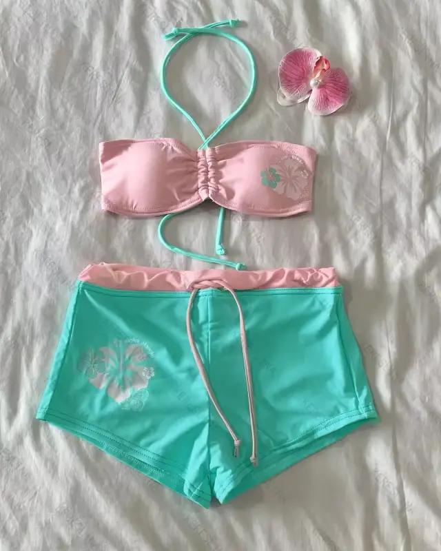 Y2K Harajuku Fille Chaude Doux Style Fleur Imprimé Bikini Ensemble de Printemps Chaud Vacances Migno