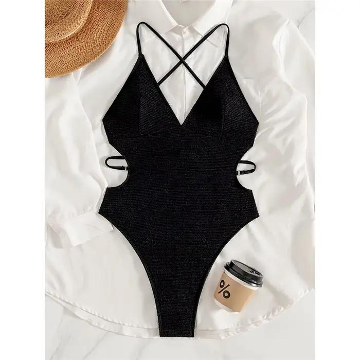 Maillot de bain monokini dos nu, coupe haute, col en V, dos croisé, côtelé, pour femme K7848