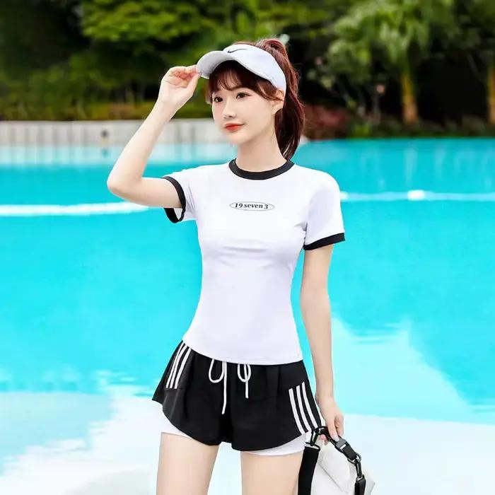 Maillot de bain deux pièces fendu pour femmes, manches courtes, couverture conservatrice, amincissan