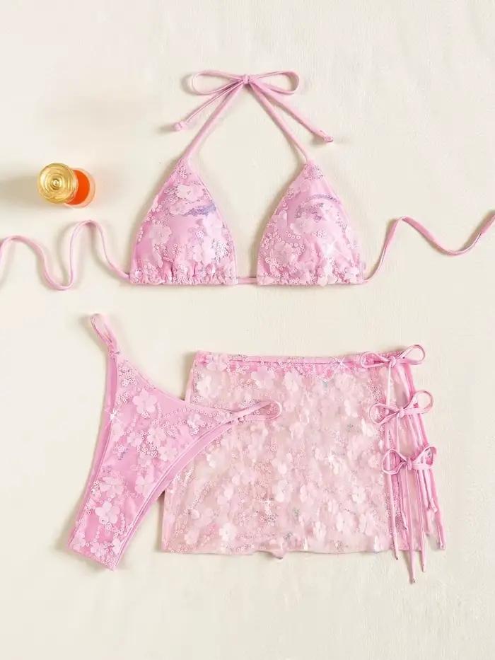 Ensemble bikini 3 pièces en maille rose à paillettes brillantes pour femme, soutien-gorge push-up, s