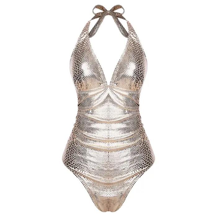 Maillot de bain une pièce métallisé effet peau de serpent pour femme, brillant, dos nu, col en V, av