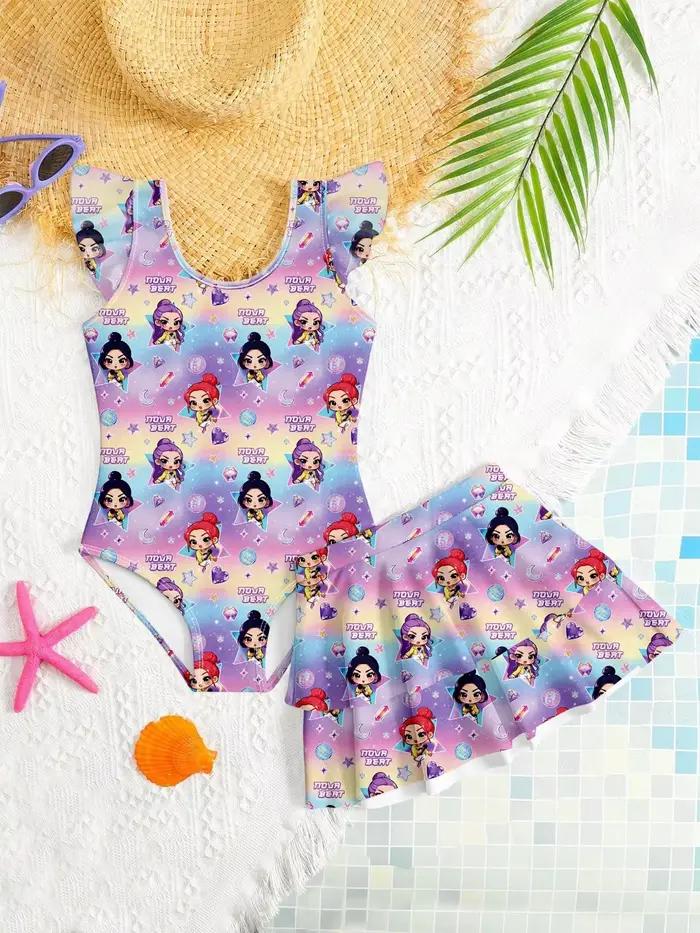 Maillot de bain imprimé dessin animé pour filles – Maillot de bain une pièce 2-en-1 avec bas de mail
