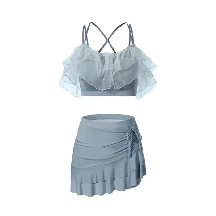 Maillot de bain deux pièces pour femme, coupe ajustée, style jupe trapèze, épaules dénudées, avec vo