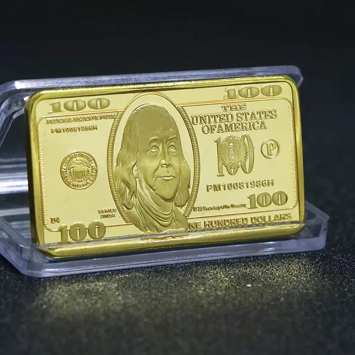 1 pièces USA 100 Dollar lingot 24k barre d'or pièce en métal américain barres d'or USD avec Gif