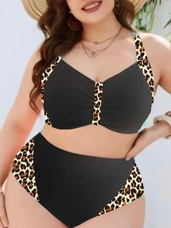 Maillot de bain deux pièces grande taille imprimé léopard 2026 pour femme, taille haute, style halte