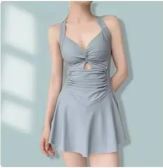 Maillot de bain une pièce amincissant pour femme, couleur unie, style robe, coupe conservatrice, ave