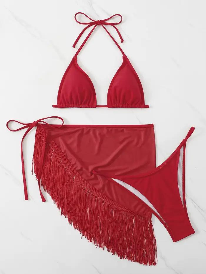 Ensemble 3 pièces : Bikini triangle à franges 2026 pour femme et jupe de plage à pompons – Maillot d