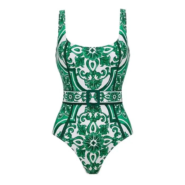 FLAXMAKER Vintage motif imprimé une pièce maillot de bain et pantalon ou jupe femmes Vintage classiq