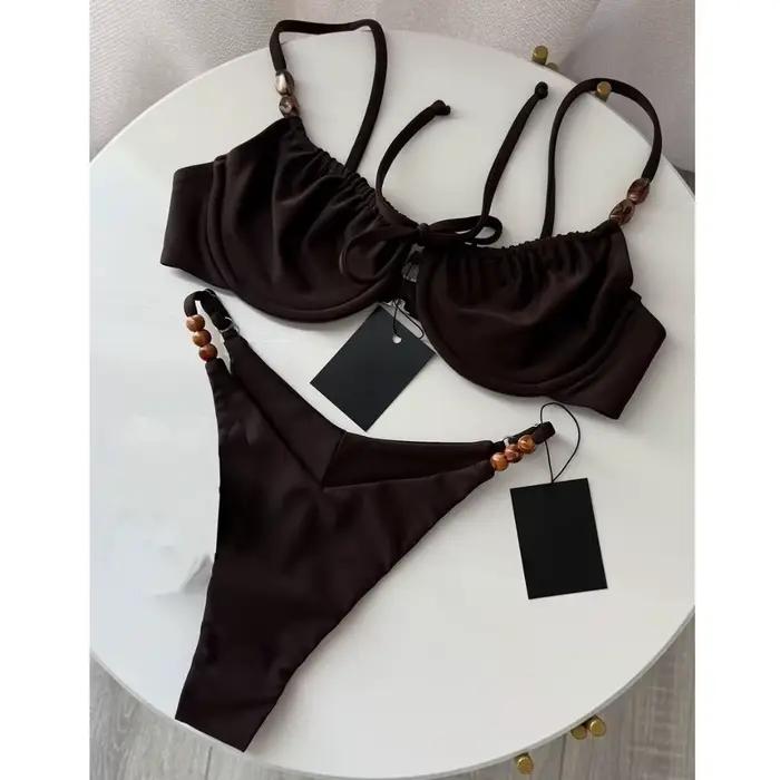 Nouveau maillot de bain sexy marron à lacets au dos, décoré de perles, pour femme, motif à pois, tai
