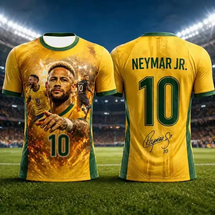 Jr # 10 T-shirts de football de l'équipe nationale du Brésil, T-shirt jaune et vert à manches courte